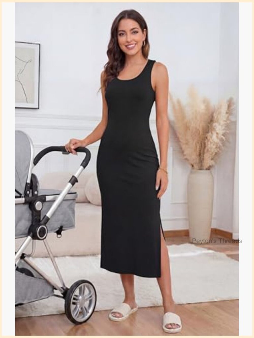 Split Midi Nursing Dress Sleeveless Scoop Neck Breastfeeding Maternity Dress - Picture 3 of 7